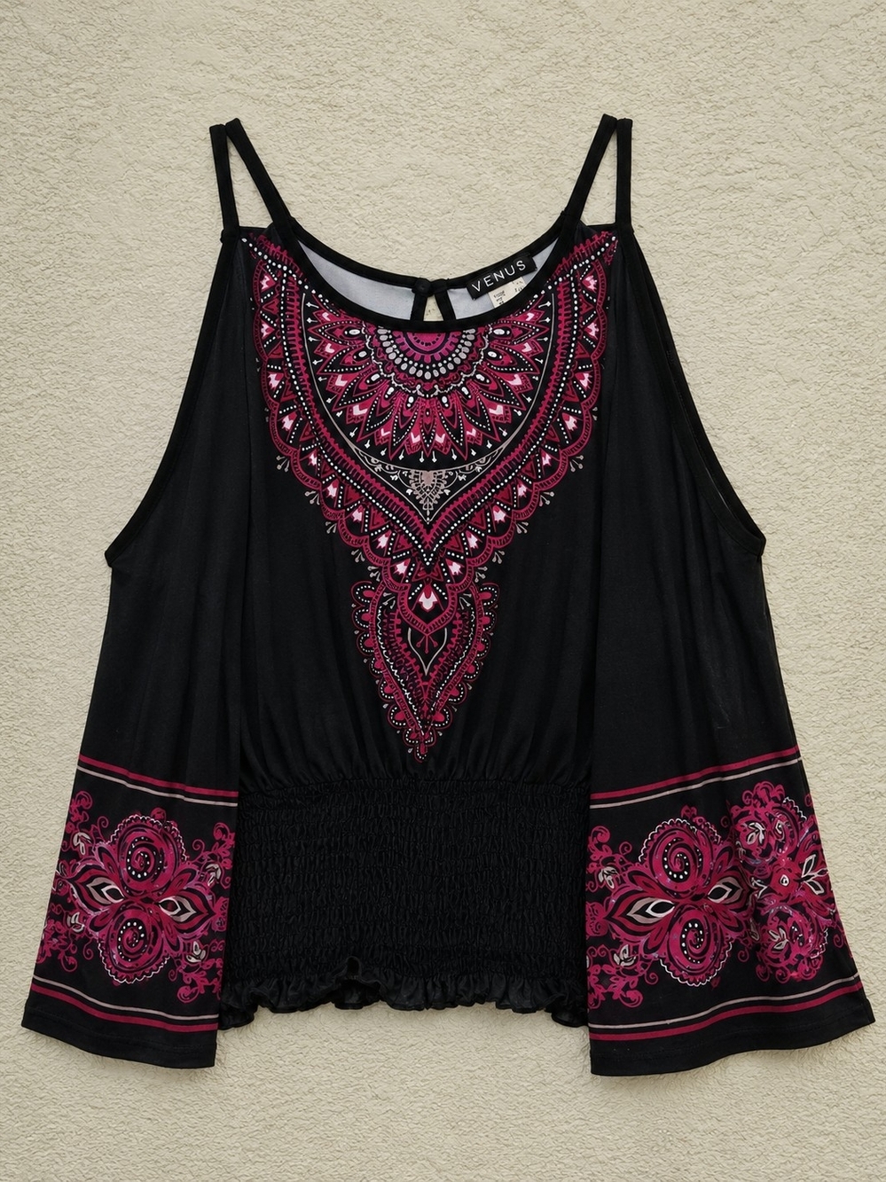 VENUS Black Tank Blouse with Pink Embroidered Yoke and Bell Sleeves